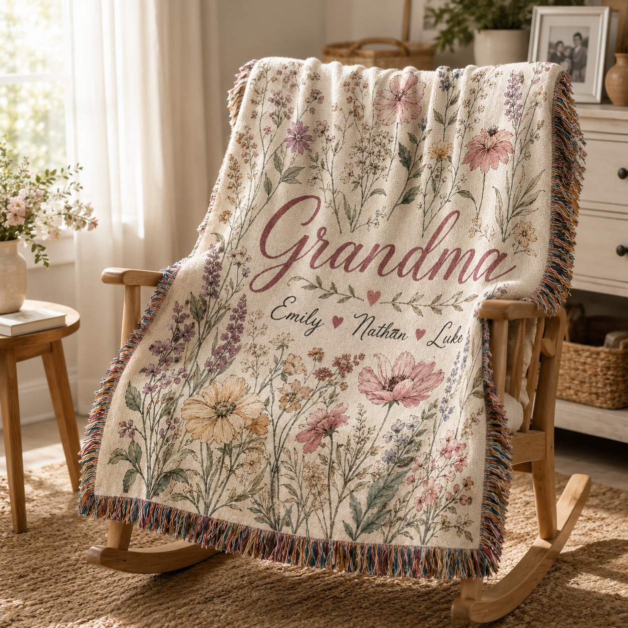 Grandma wildflower woven blanket displayed on a wooden rocking chair
