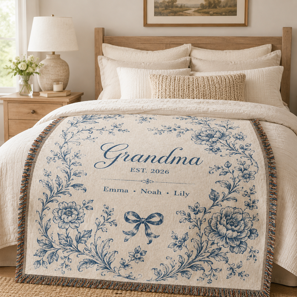 Personalized Grandma woven blanket styled on a neutral bedroom bed