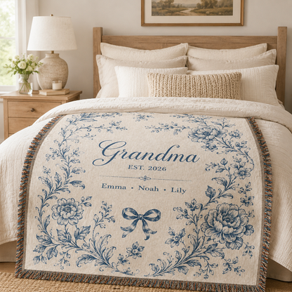 Personalized Grandma woven blanket styled on a neutral bedroom bed