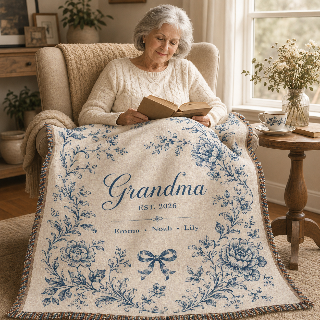 Grandmother reading in a cozy chair with personalized Grandma woven blanket