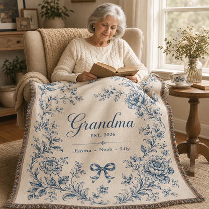 Grandmother reading in a cozy chair with personalized Grandma woven blanket