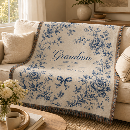Personalized Grandma woven blanket draped on a beige sofa in a sunlit living room