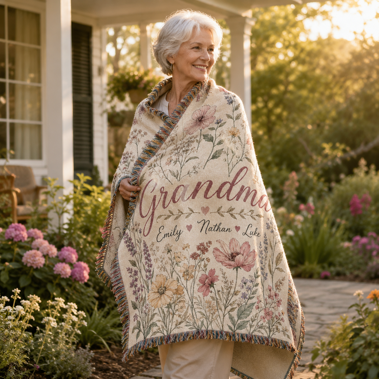 Grandmother wrapped in a personalized wildflower woven blanket outdoors