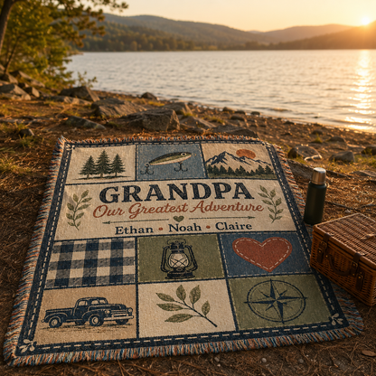 Personalized Grandpa adventure woven blanket at a lakeside picnic