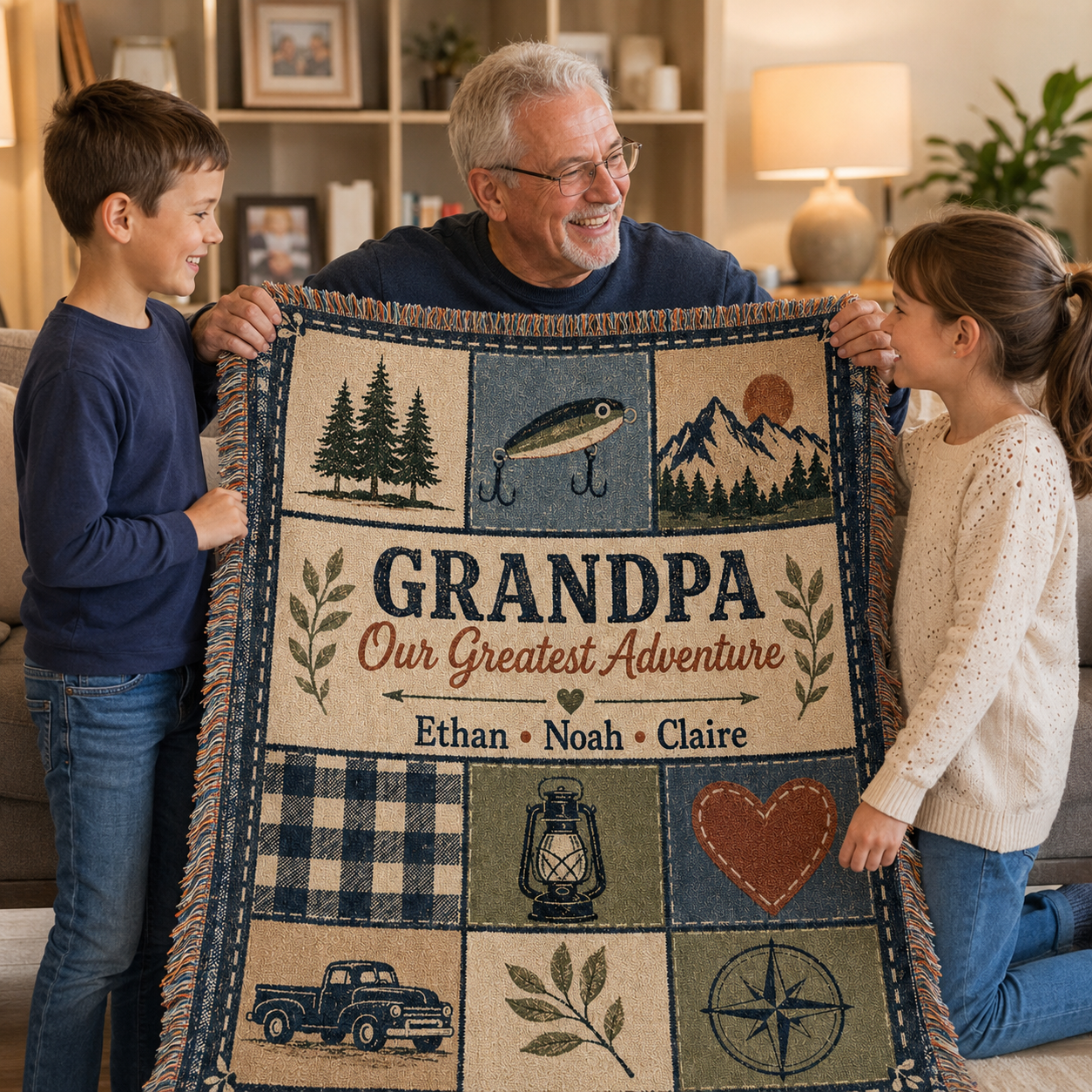 Grandchildren gifting Grandpa a personalized woven blanket with names