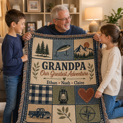 Grandchildren gifting Grandpa a personalized woven blanket with names