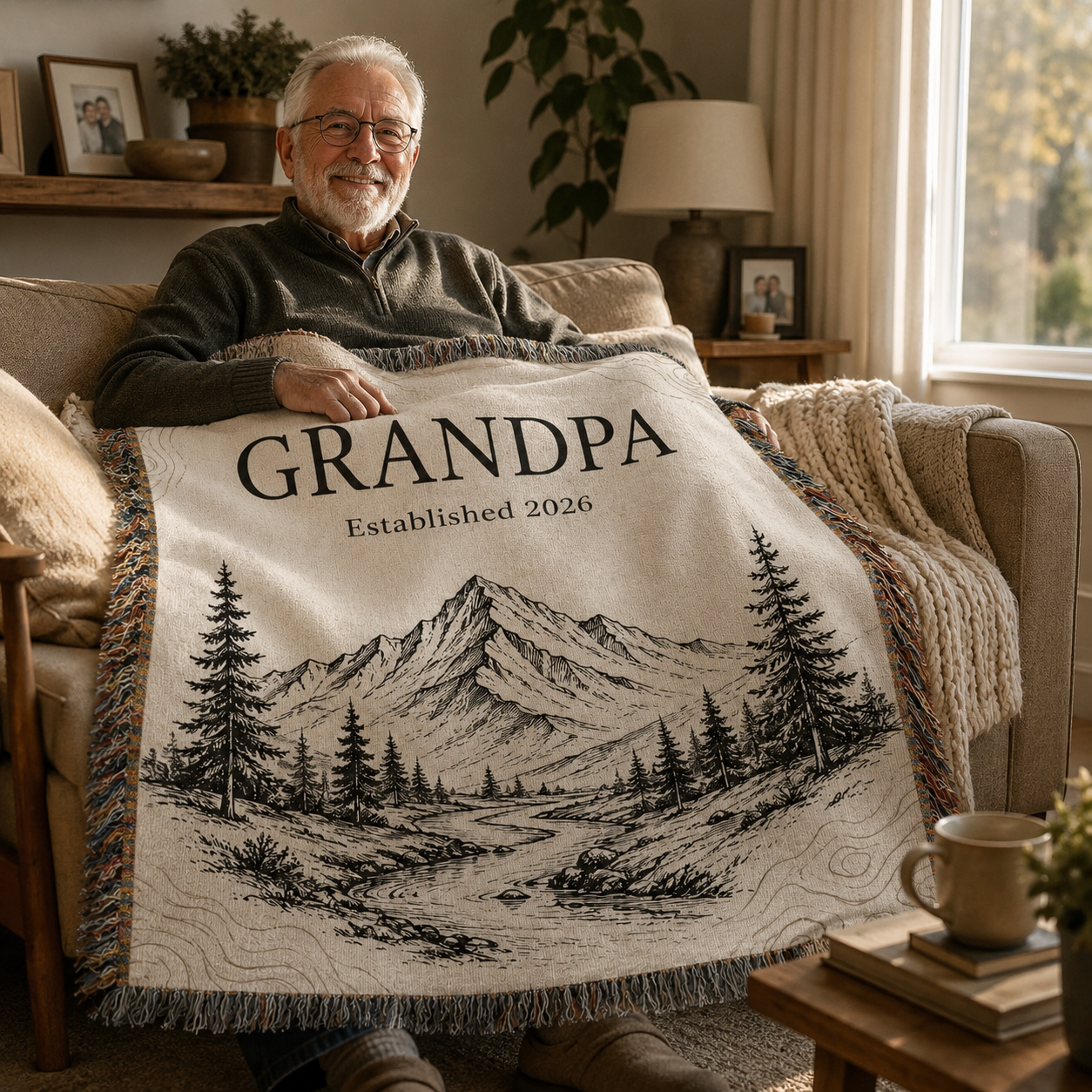 Grandpa relaxing on a sofa with a personalized mountain woven blanket