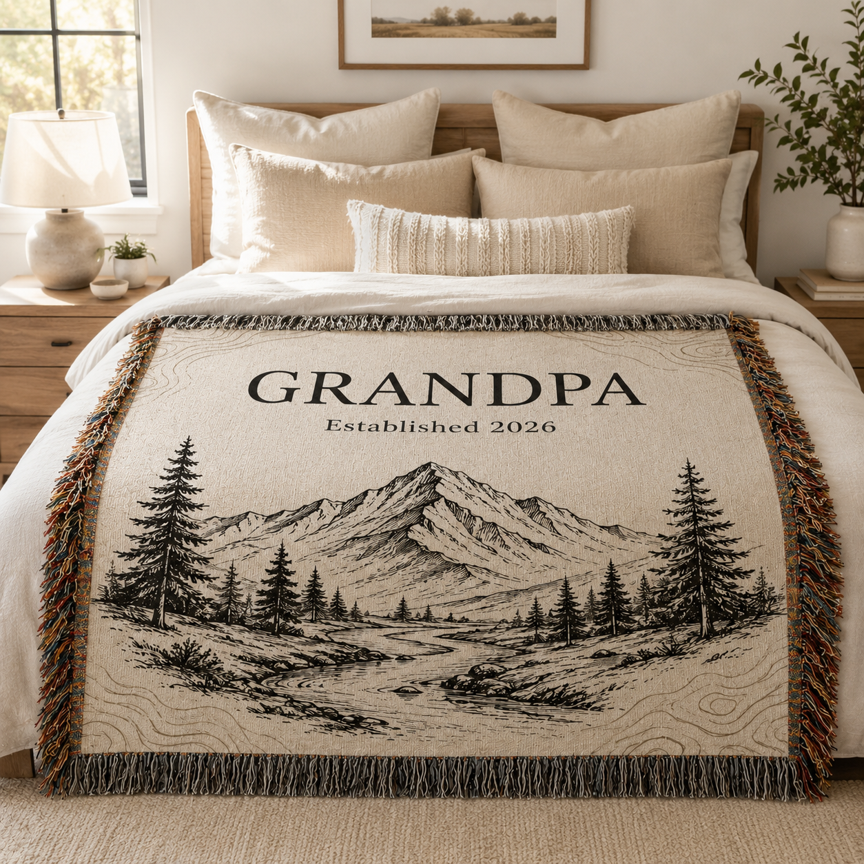 Personalized Grandpa Established woven blanket styled across a neutral bed