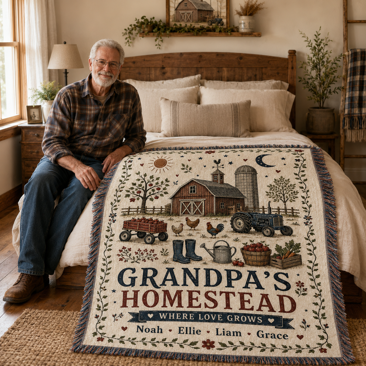 Personalized Grandpa farm woven blanket displayed in a rustic bedroom