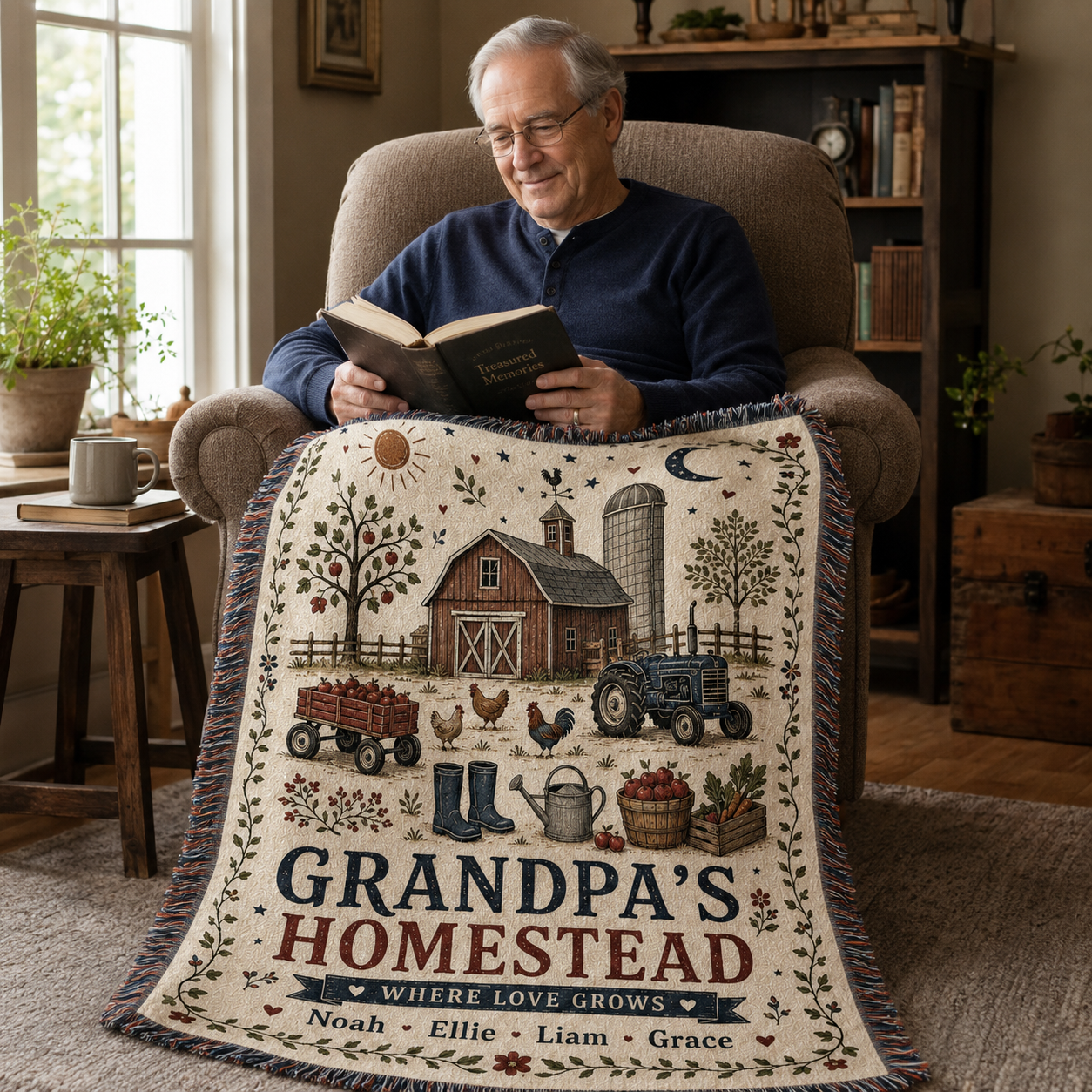 Grandpa reading with personalized homestead woven blanket