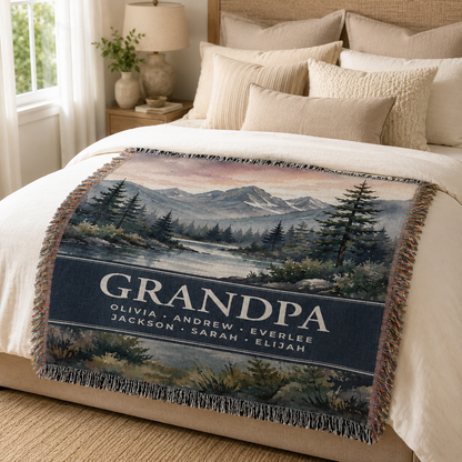 Personalized Grandpa woven blanket displayed on a cozy bedroom bed