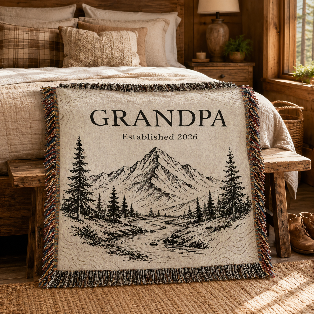 Grandpa mountain woven throw displayed on a rustic wooden bench