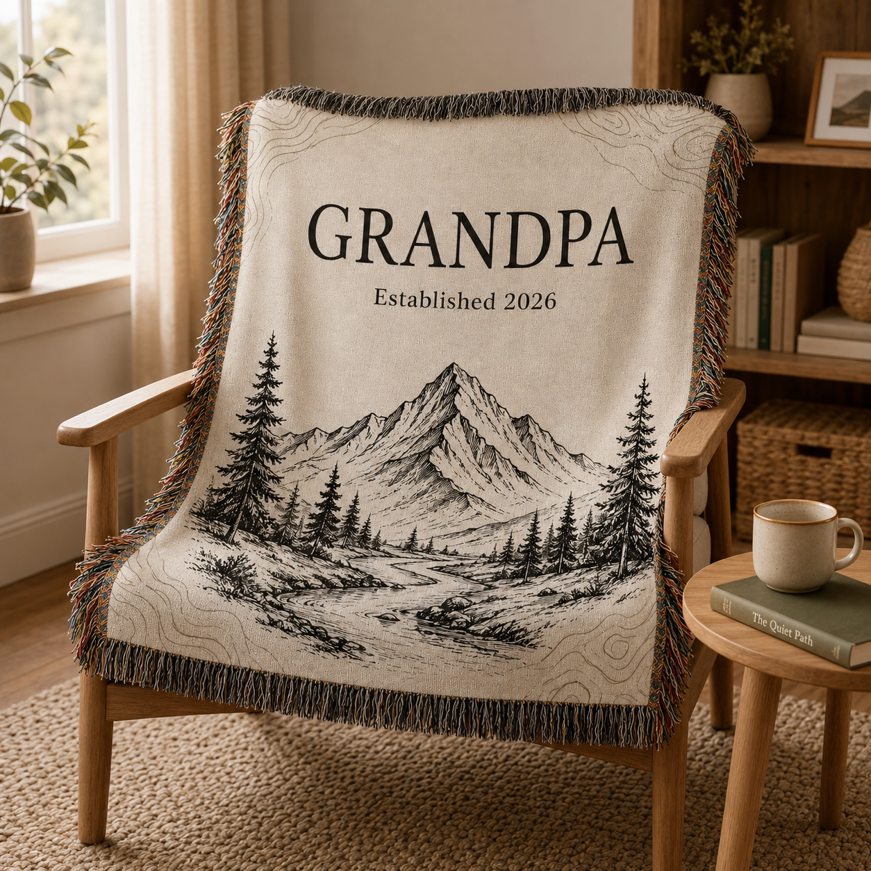 Grandpa mountain woven blanket draped over a wooden reading chair