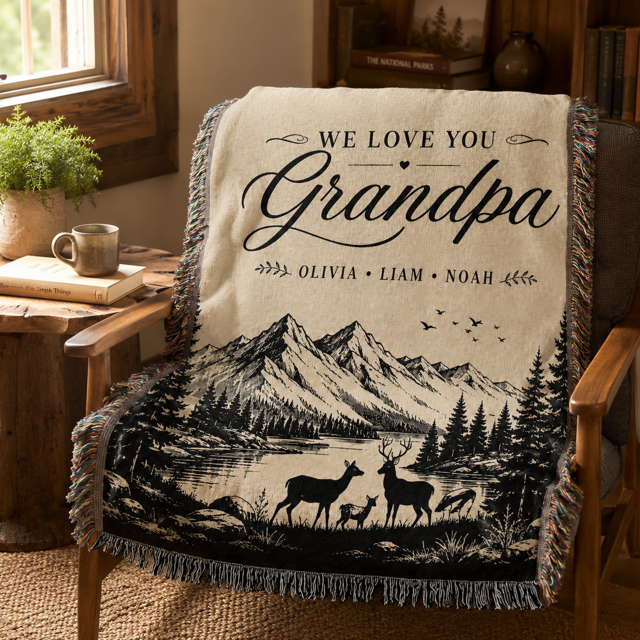 Grandpa mountain woven blanket styled on a rustic reading chair