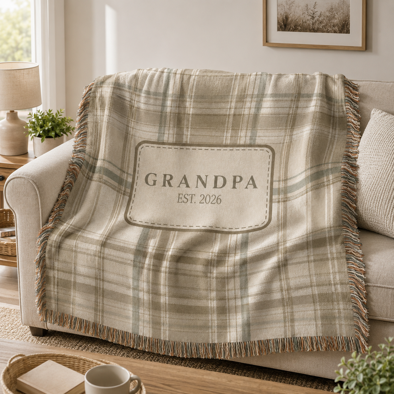 Personalized Grandpa plaid woven blanket styled on a living room sofa