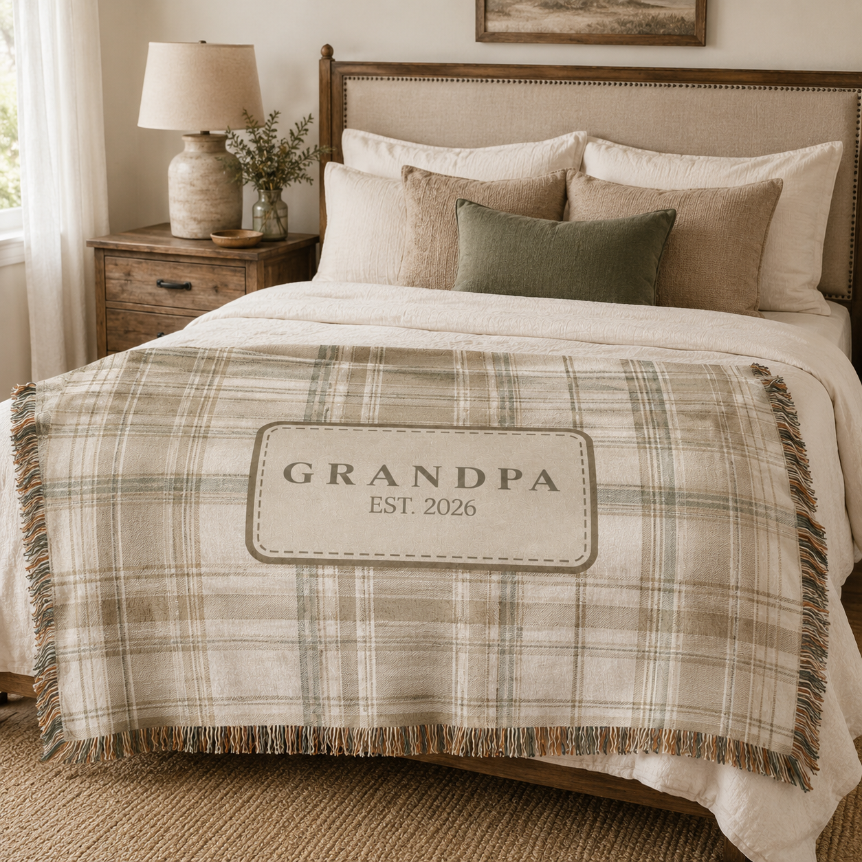 Custom Grandpa established woven blanket displayed on a rustic bedroom bed