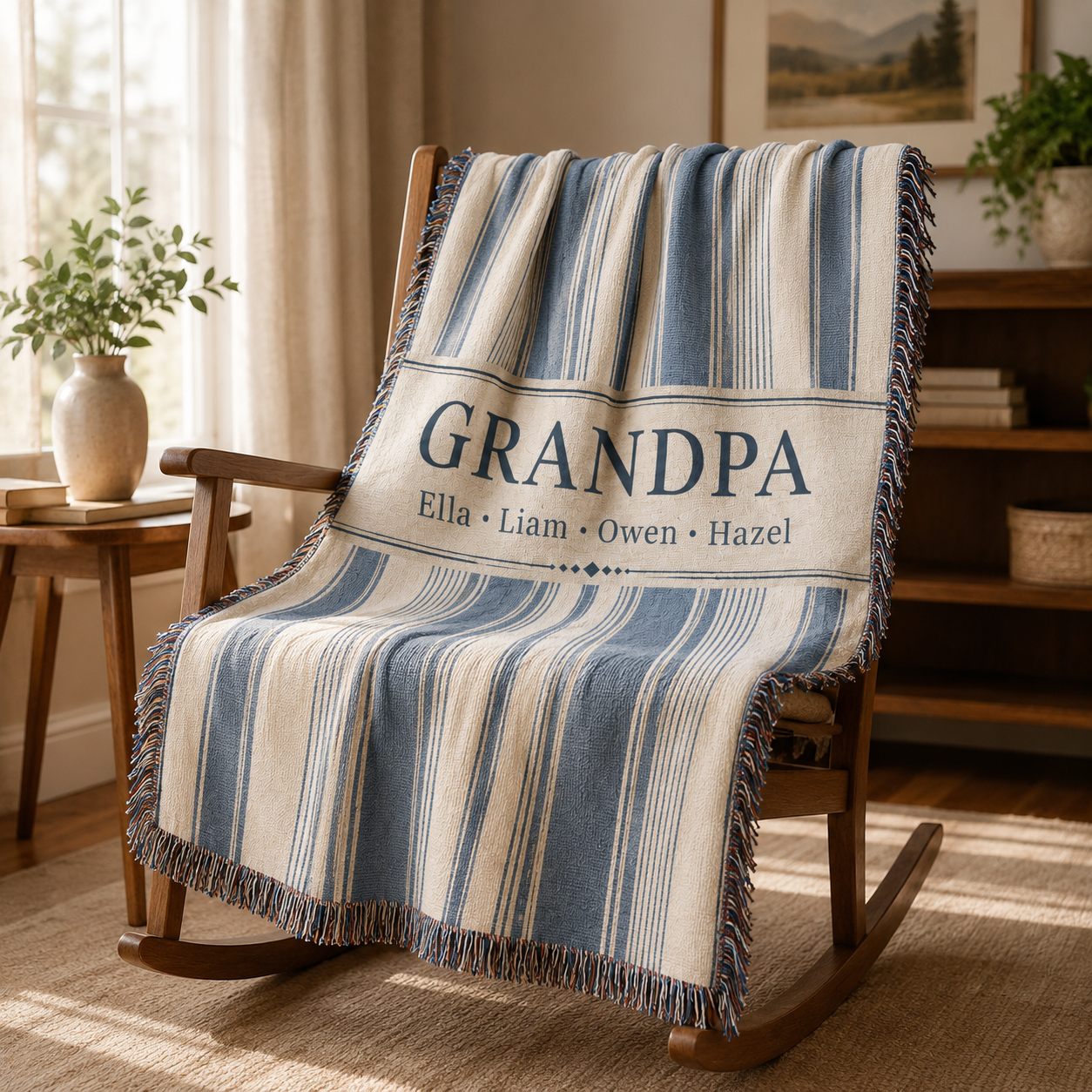 Custom Grandpa woven blanket displayed on a wooden rocking chair