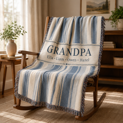 Custom Grandpa woven blanket displayed on a wooden rocking chair