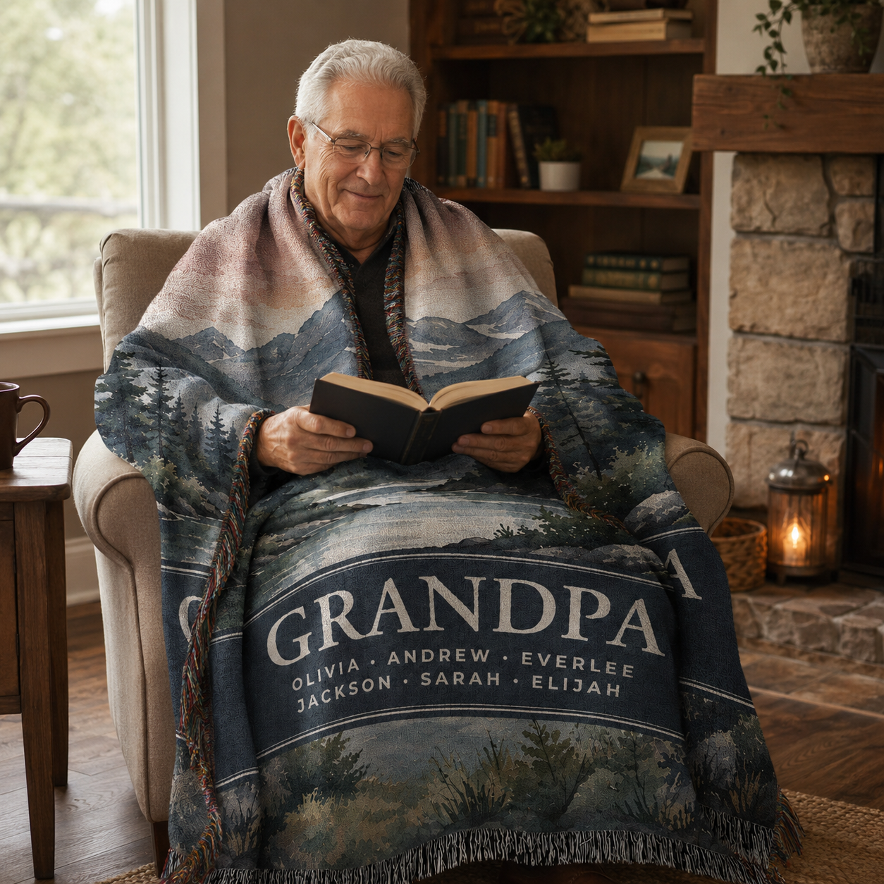 Grandpa reading by the fireplace wrapped in his personalized woven blanket