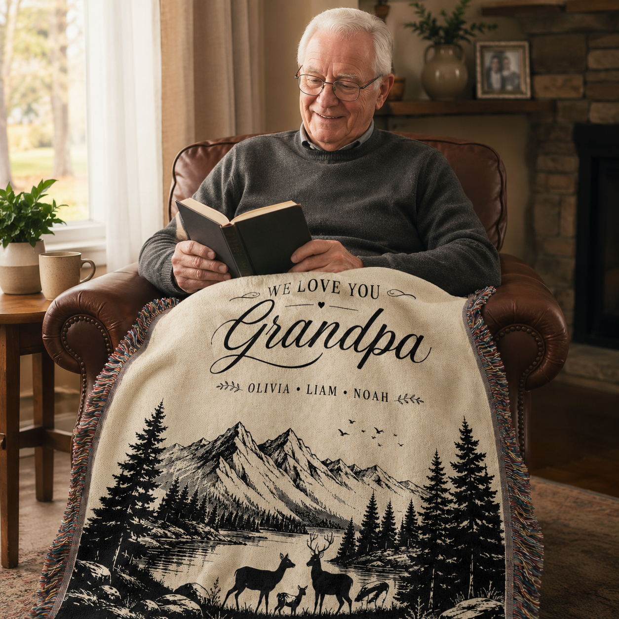 Grandpa reading with a personalized mountain woven blanket