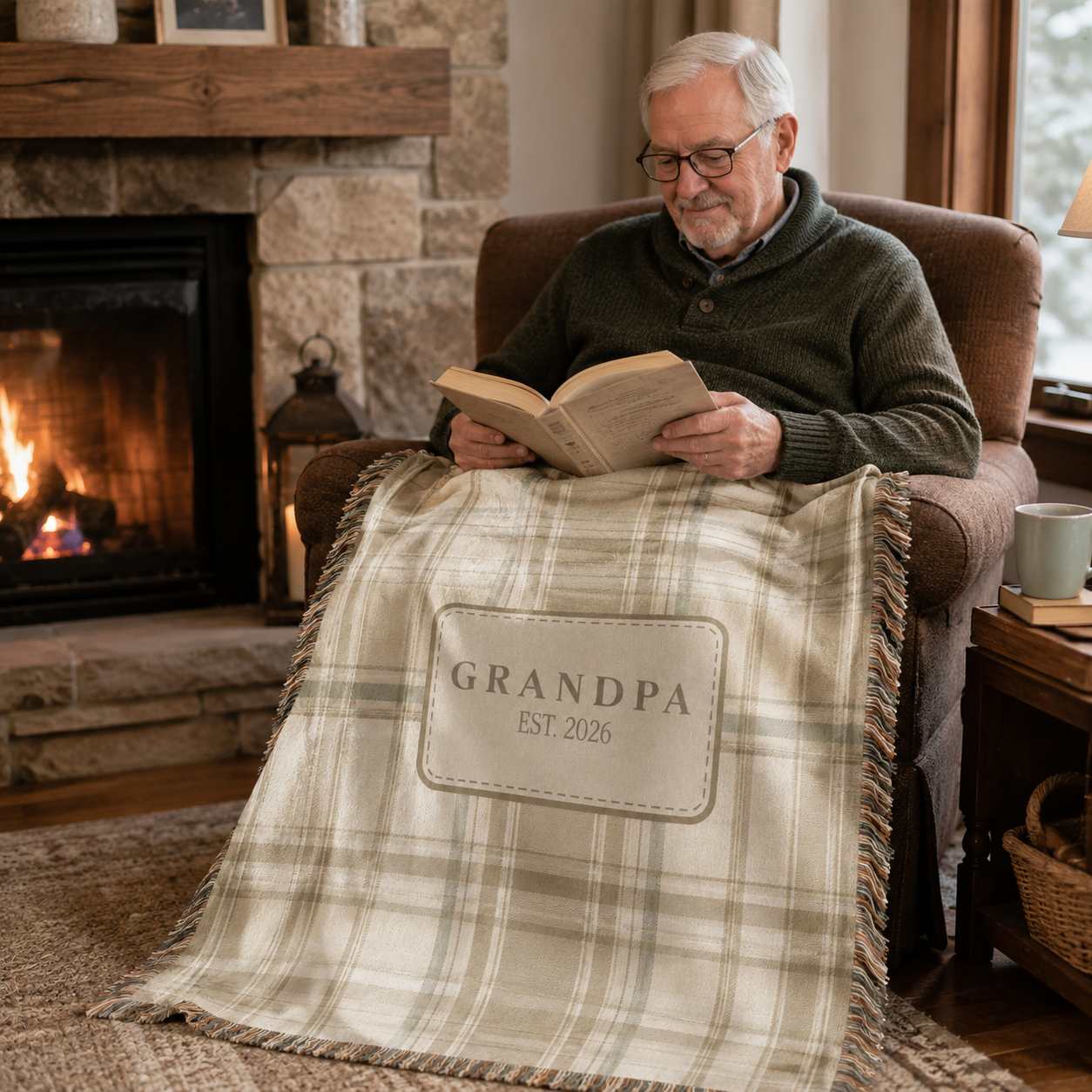 Grandpa reading beside the fireplace with his personalized plaid woven blanket