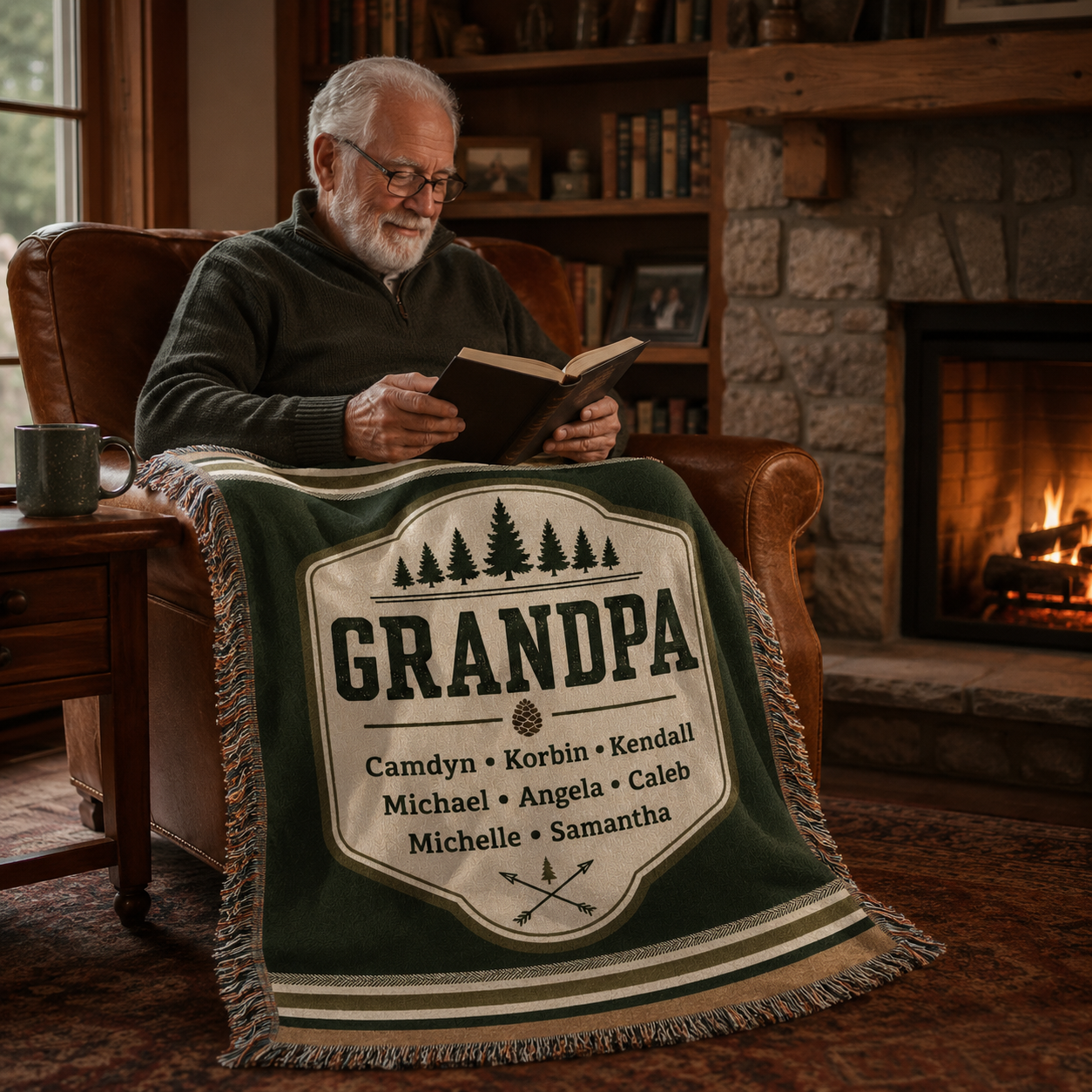 Grandpa reading by the fireplace with a personalized woven blanket