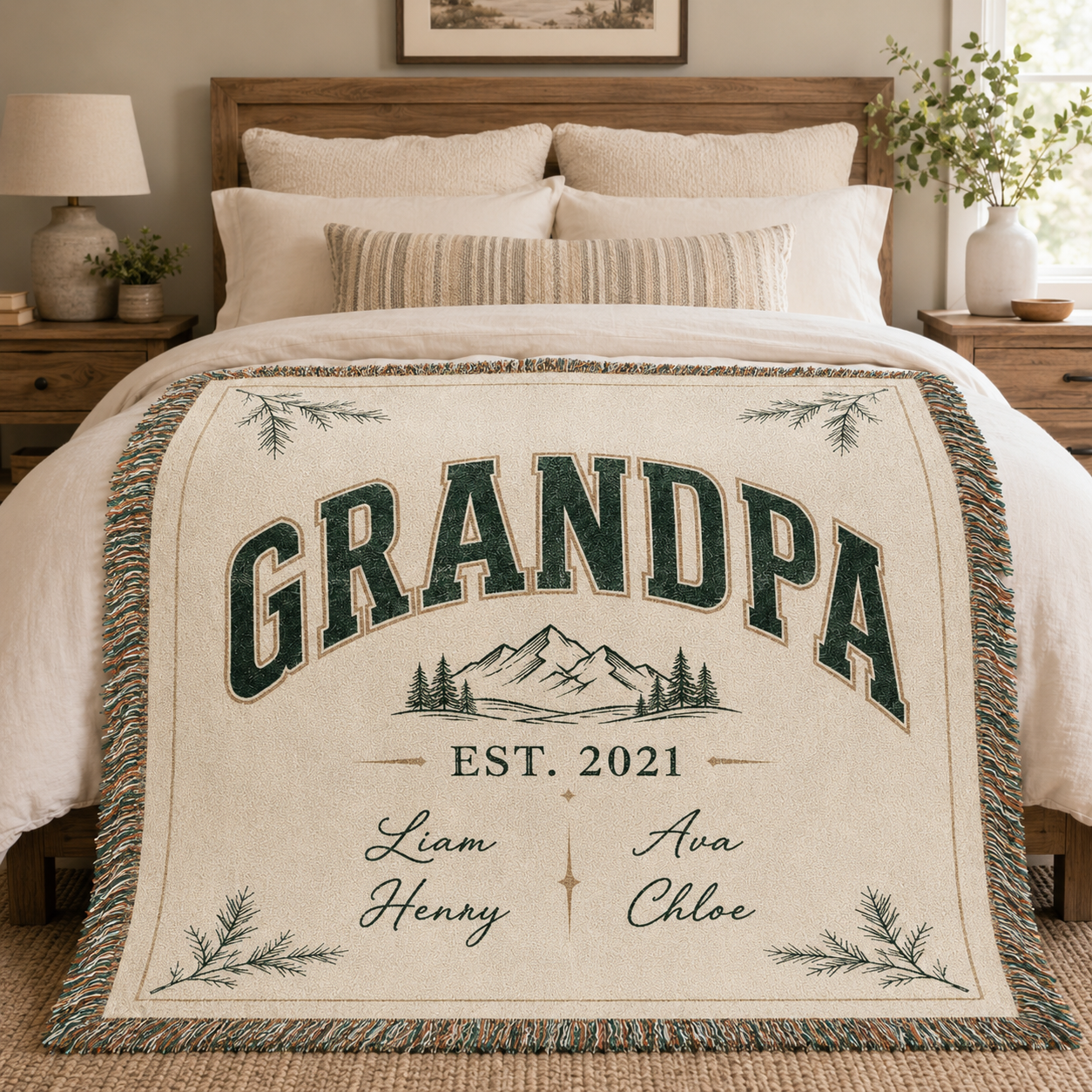 Custom Grandpa woven blanket styled across a neutral bedroom bed