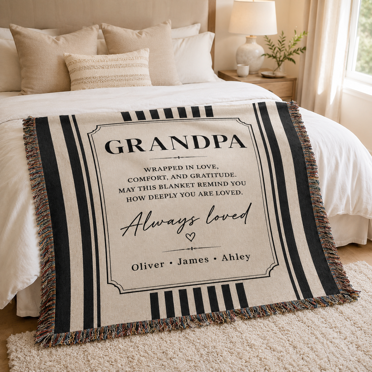 Personalized Grandpa woven blanket displayed in a cozy bedroom
