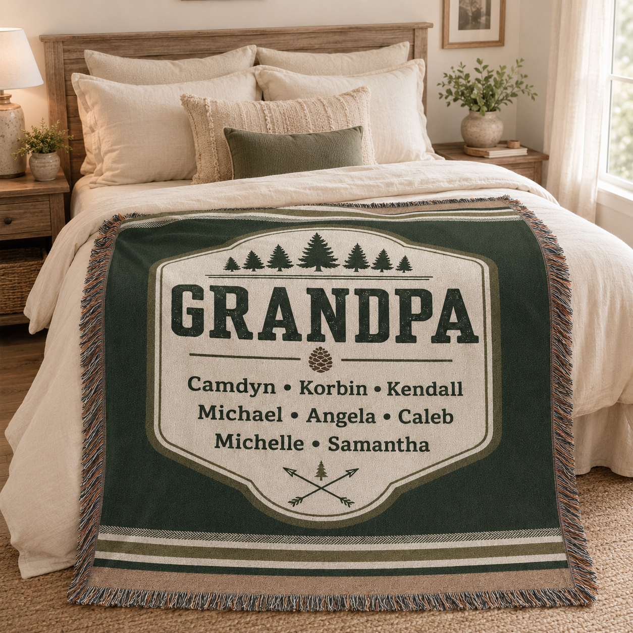 Custom Grandpa woven blanket with grandchildren names styled on a bed