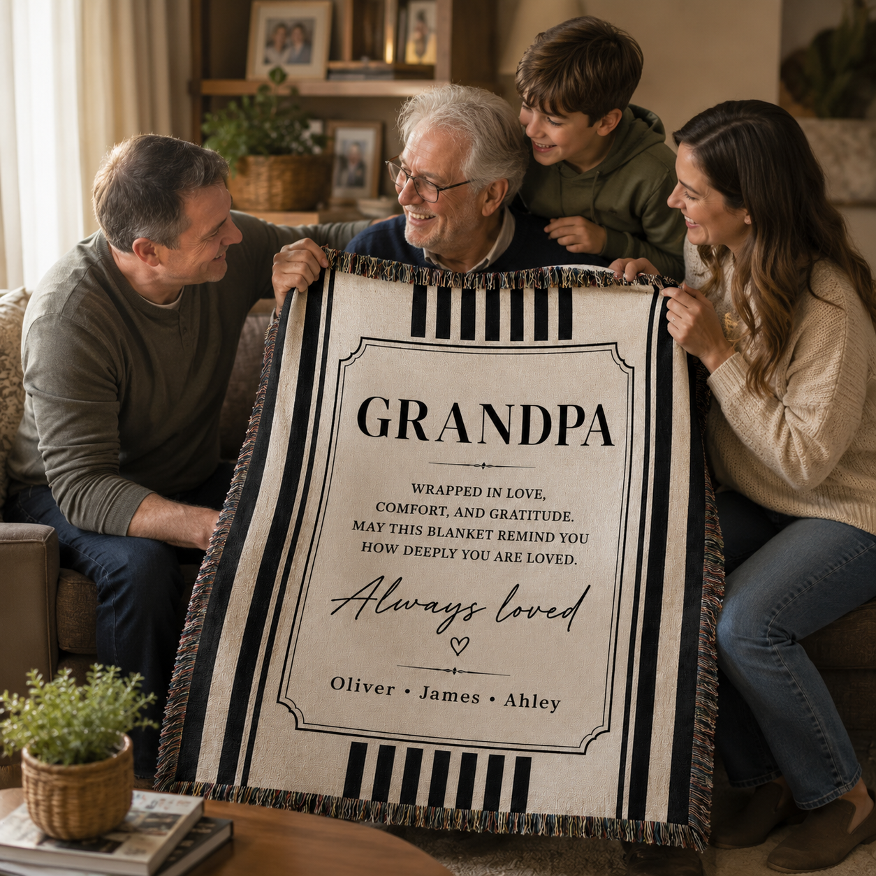 Family gifting Grandpa a personalized woven blanket
