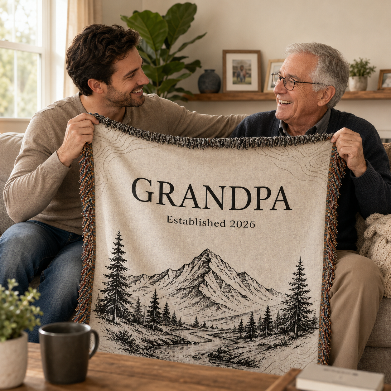 Adult son gifting a personalized Grandpa mountain woven blanket