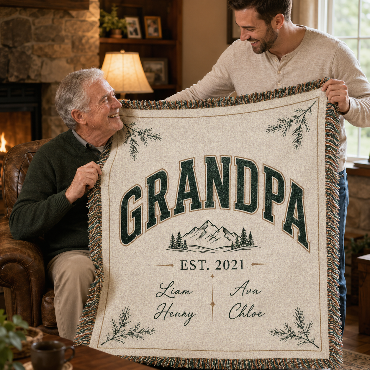 Grandpa receiving a personalized woven blanket gift from family