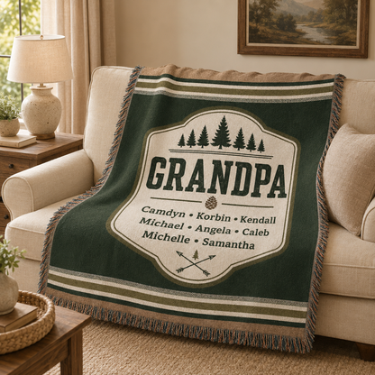 Personalized Grandpa woven throw blanket displayed on a beige sofa