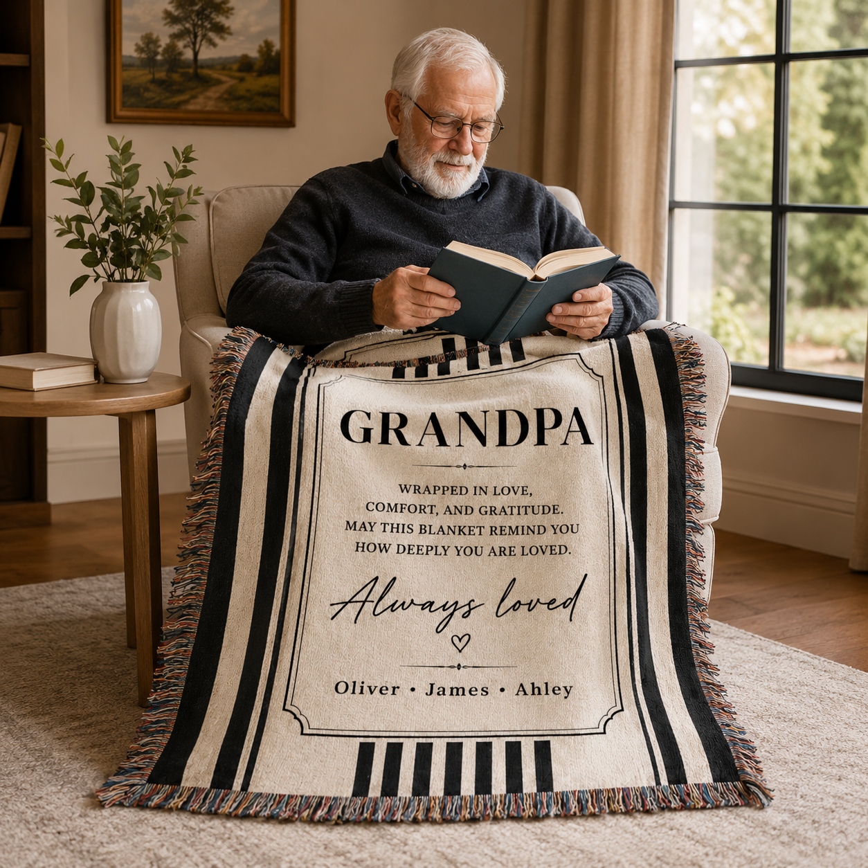 Grandpa reading with a personalized woven blanket