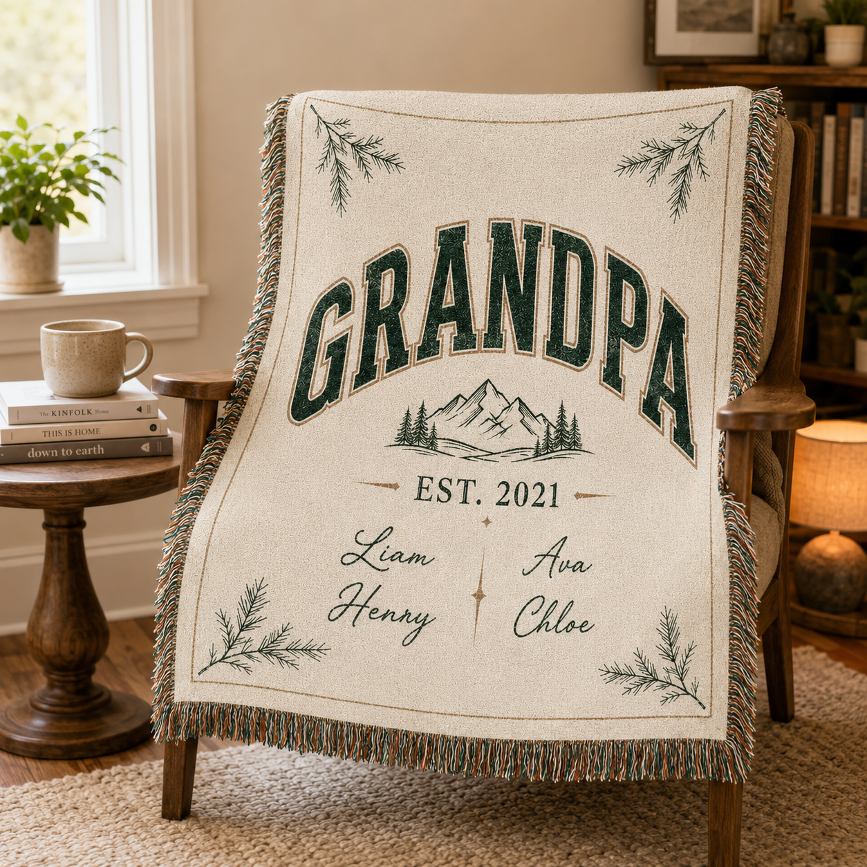 Custom Grandpa woven blanket draped over a wooden reading chair