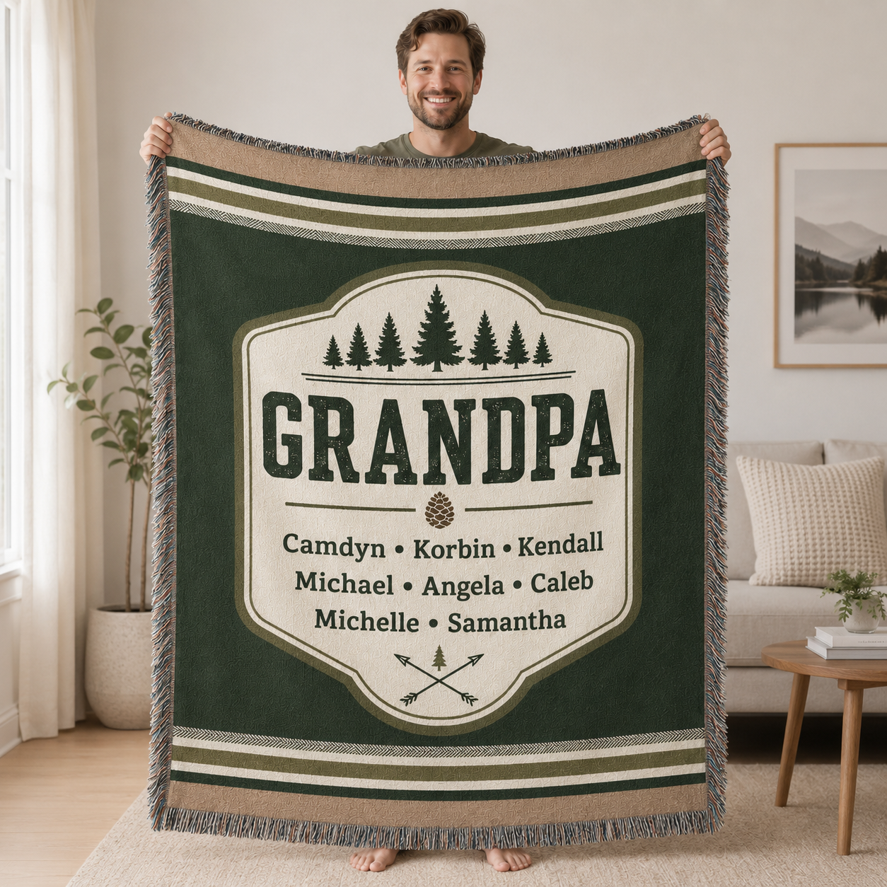 Adult holding a full-size personalized Grandpa woven blanket for scale