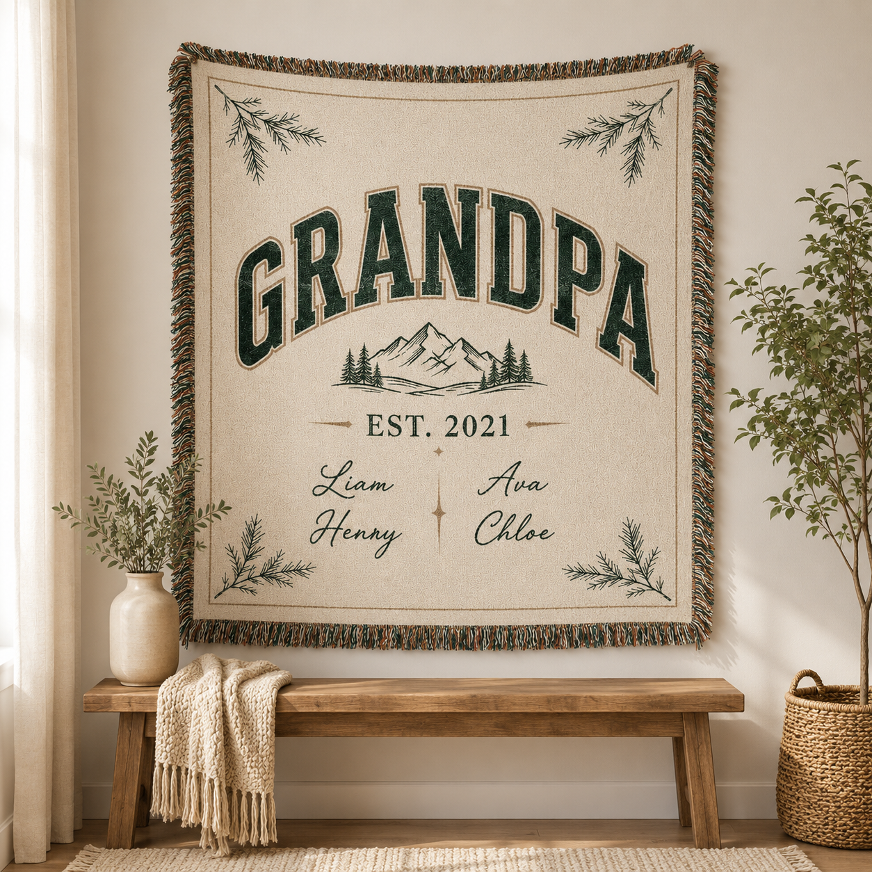 Personalized Grandpa family blanket displayed as rustic wall decor