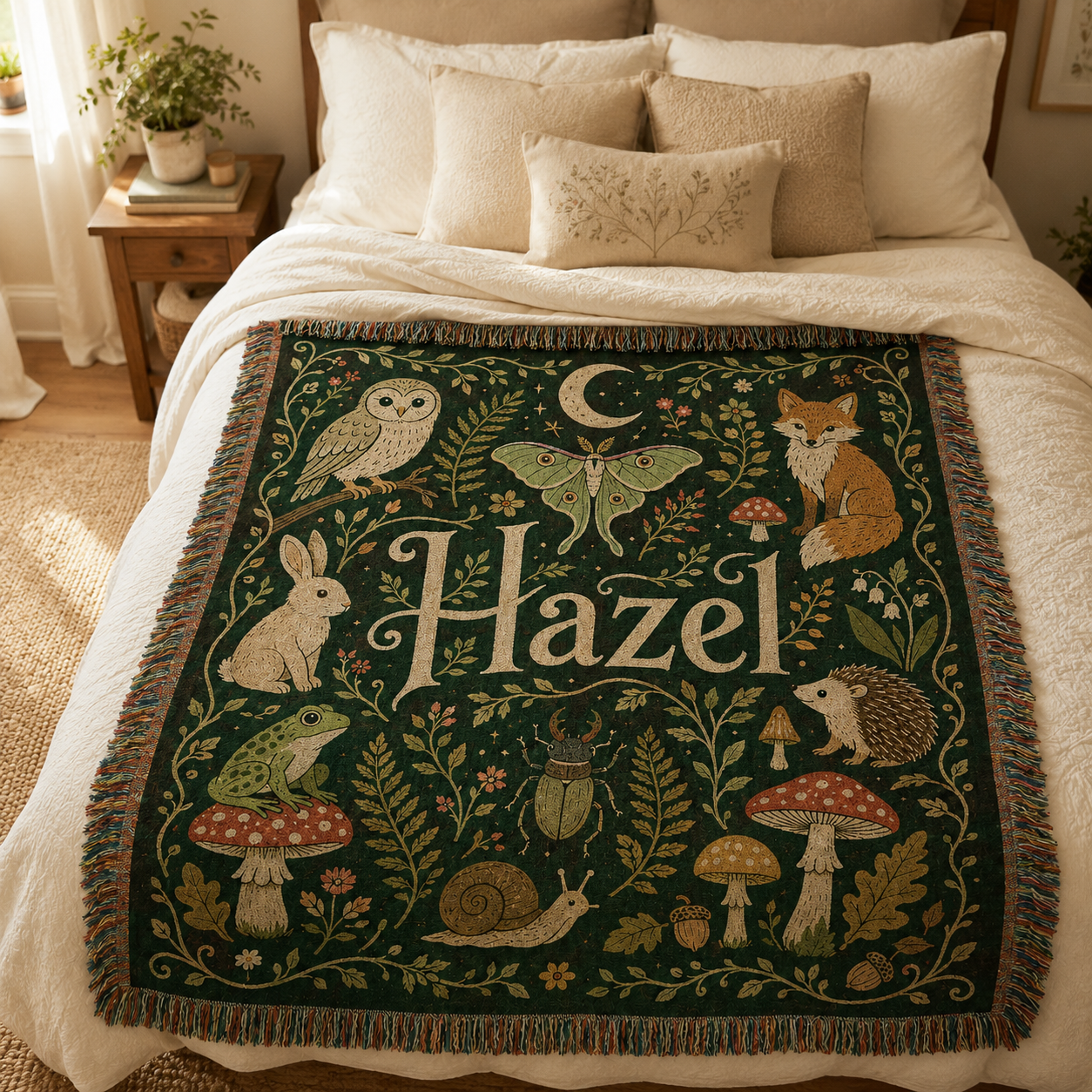 Personalized woodland name woven blanket styled across a cozy neutral bedroom bed