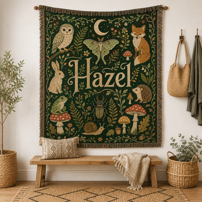 Personalized woodland name woven blanket hanging as wall tapestry decor above a wooden bench
