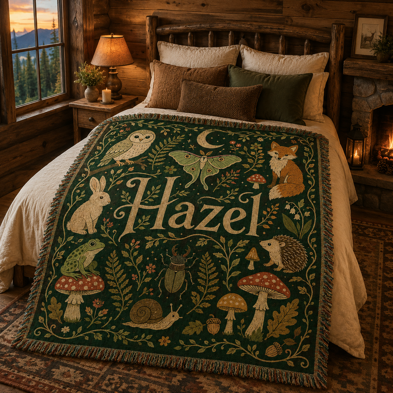 Personalized woodland name woven blanket styled on a rustic cabin bedroom bed