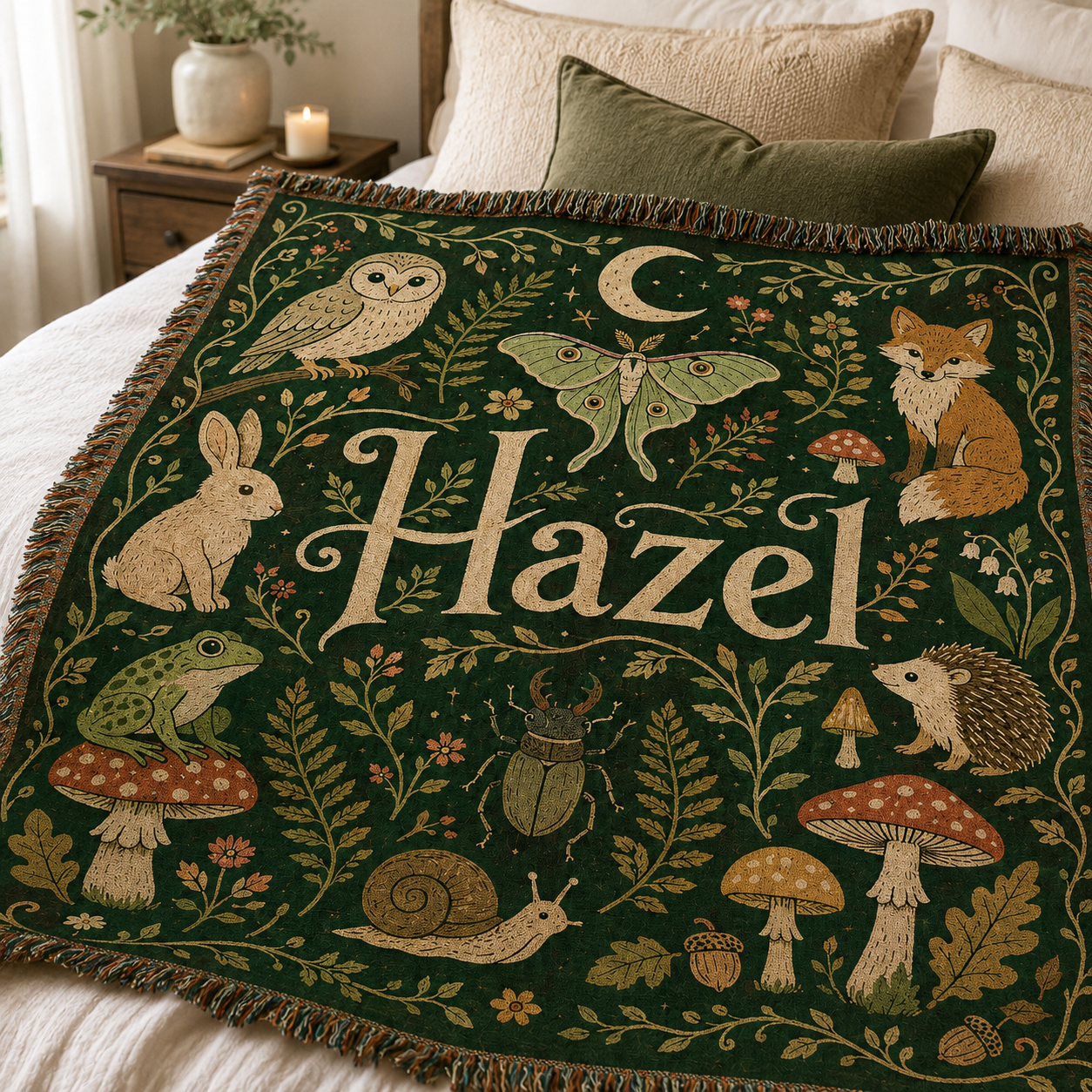 Close up of personalized woodland name woven blanket showing woven texture fringe and forest animal artwork
