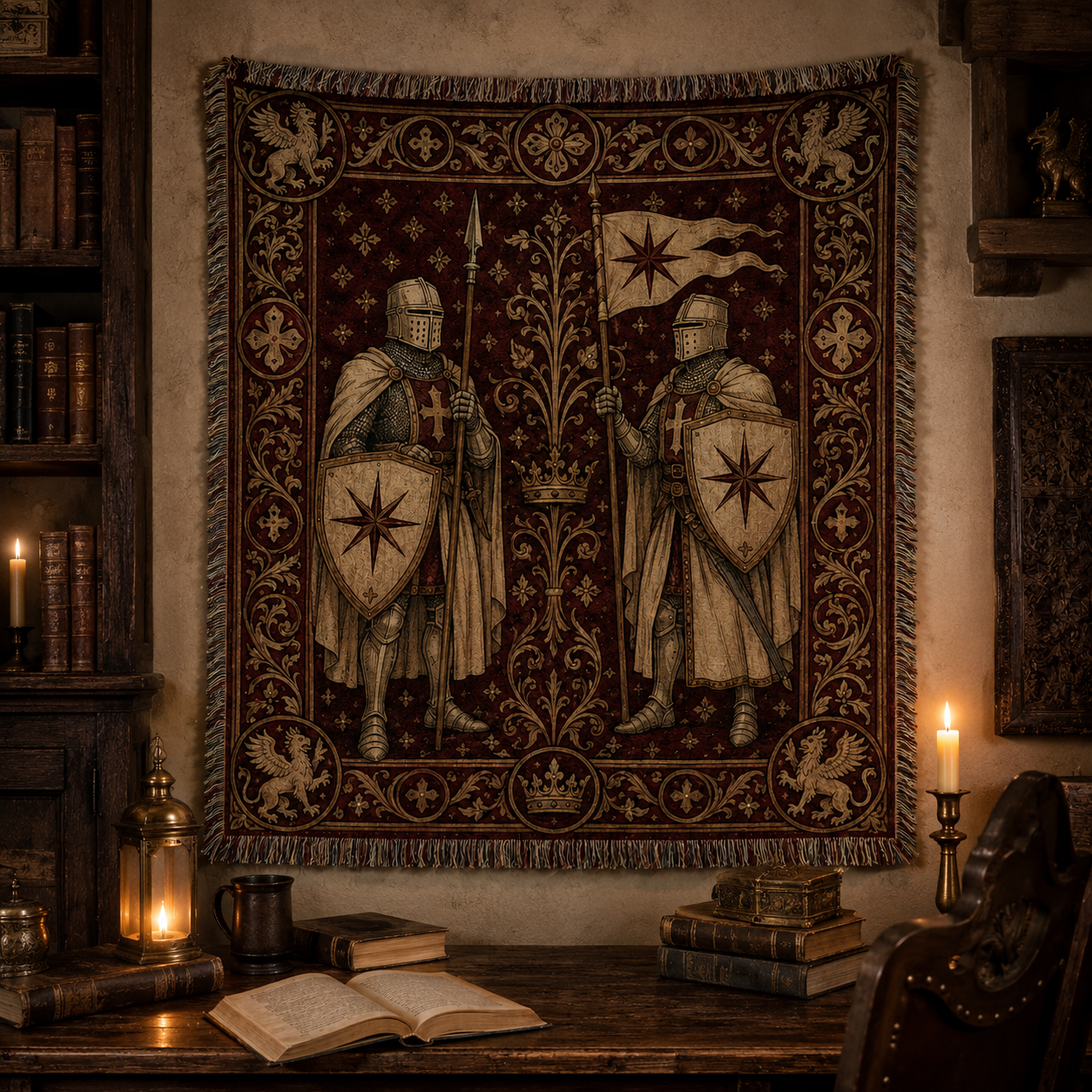 Heritage guardian woven tapestry displayed as wall decor in a warm candlelit vintage study