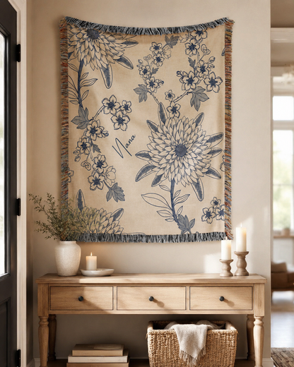 Blue floral woven blanket wall decor