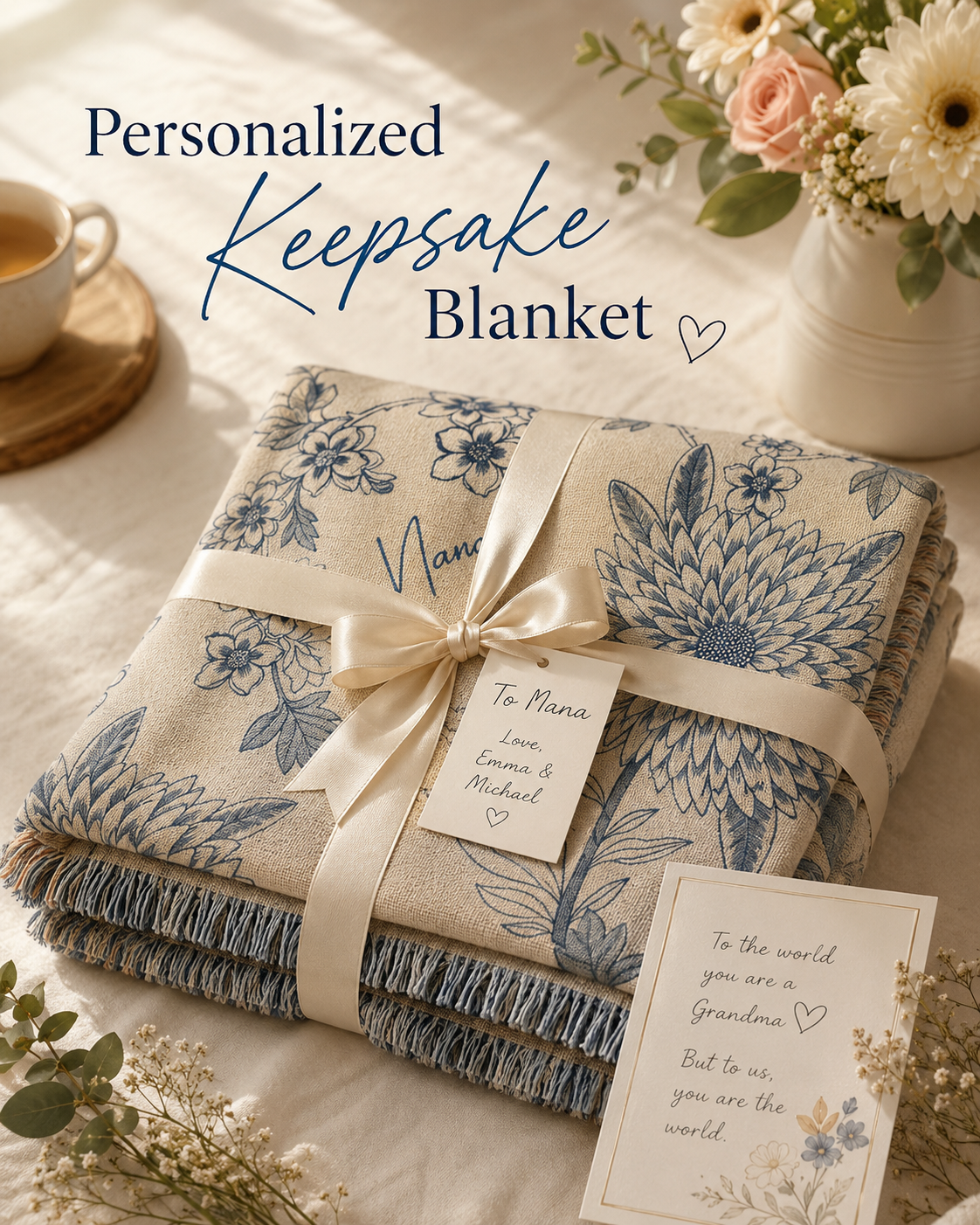 Blue floral woven blanket gift presentation