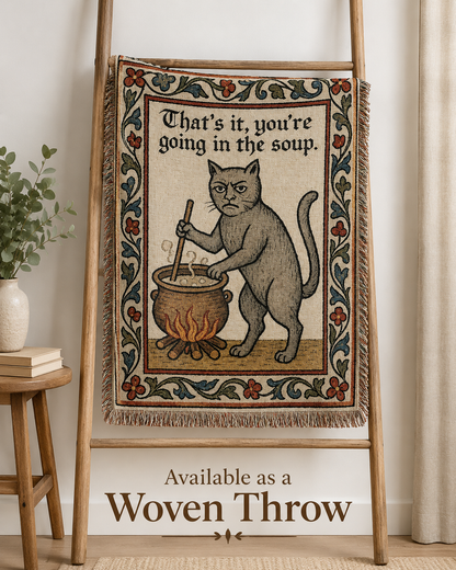 Funny medieval cat woven blanket displayed on a blanket ladder