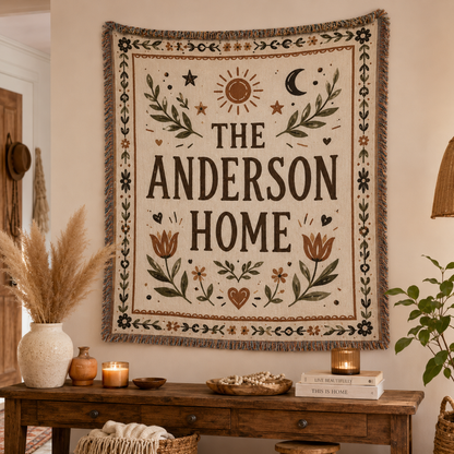 Custom family name woven blanket displayed as wall decor
