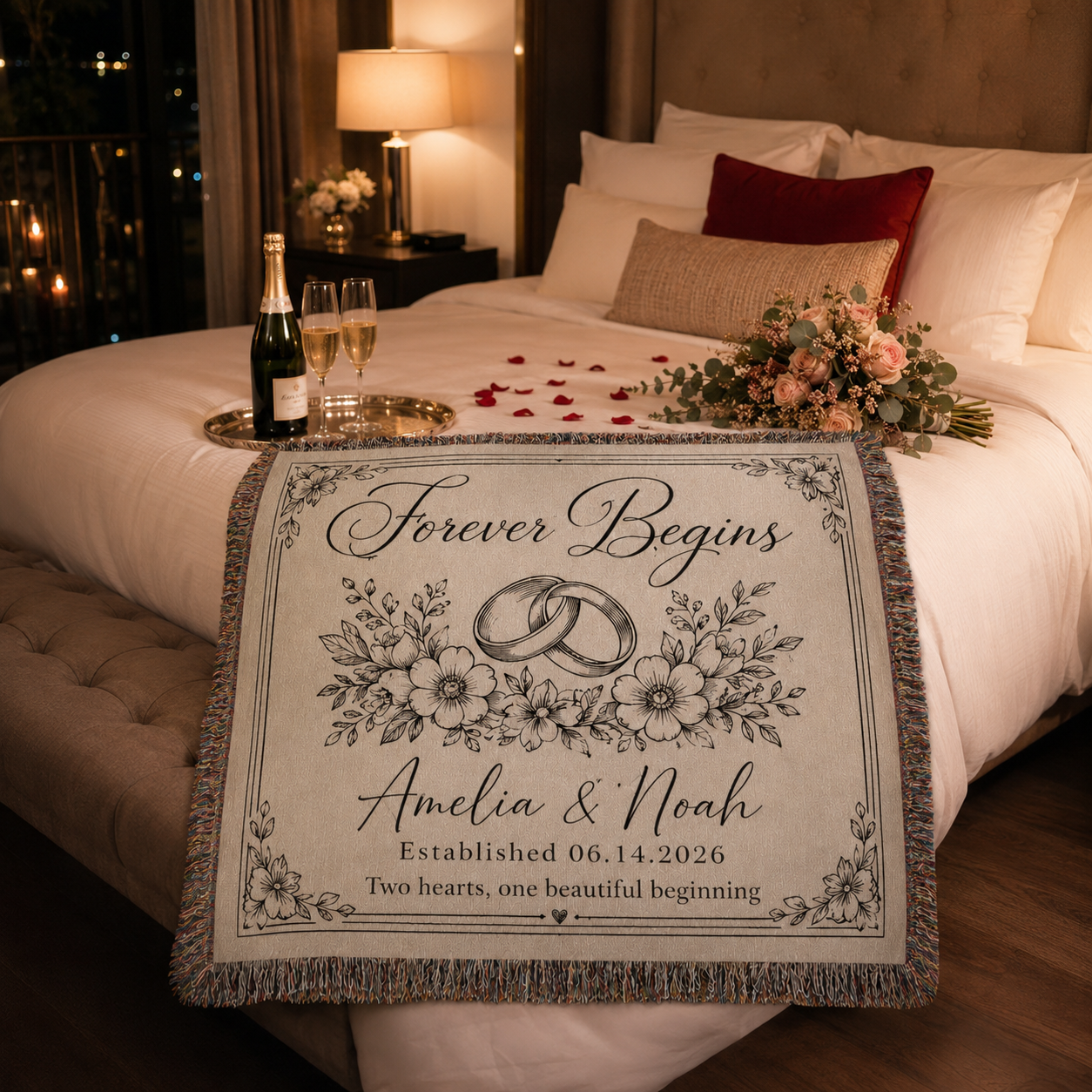 Personalized wedding woven blanket styled in a romantic honeymoon suite