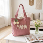 Personalized Corduroy Tote Bag, Custom Name Tote Bag with Crochet Flower, Gift for Mom