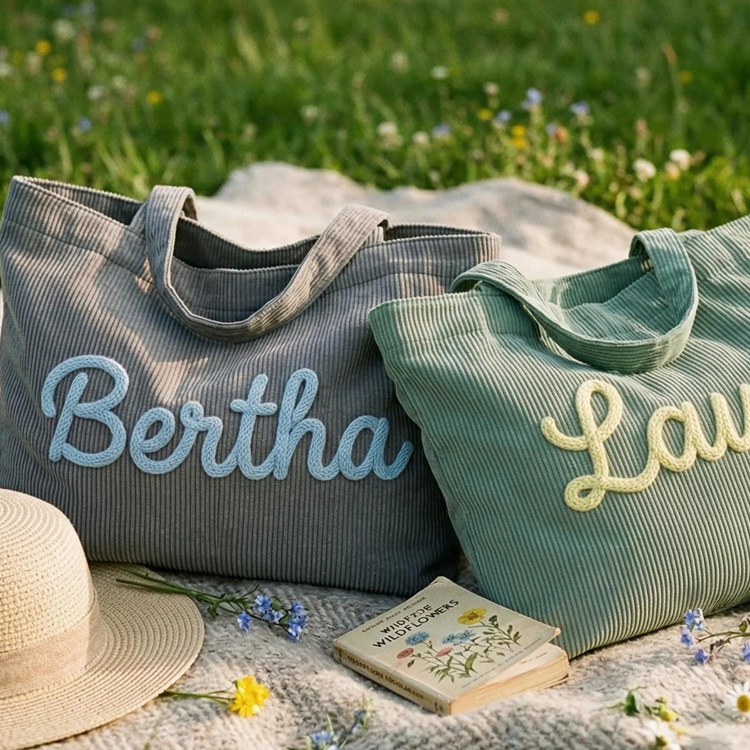 Personalized Corduroy Tote Bag, Custom Name Tote Bag with Crochet Flower, Gift for Mom