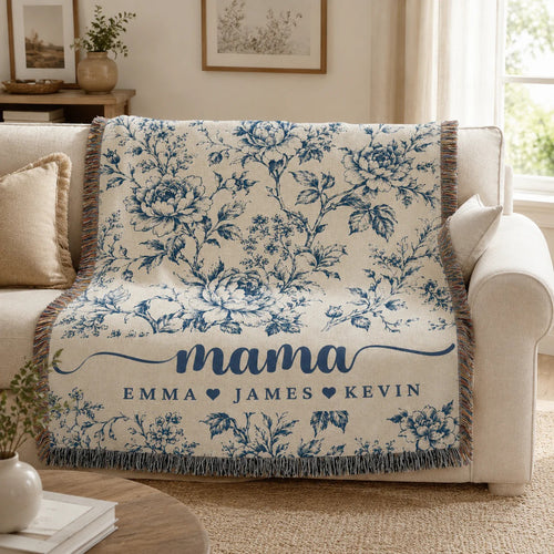 Mama Woven Blanket, Custom Blue Floral Toile Throw with Kids' Names, Mother's Day & Birthday Gift